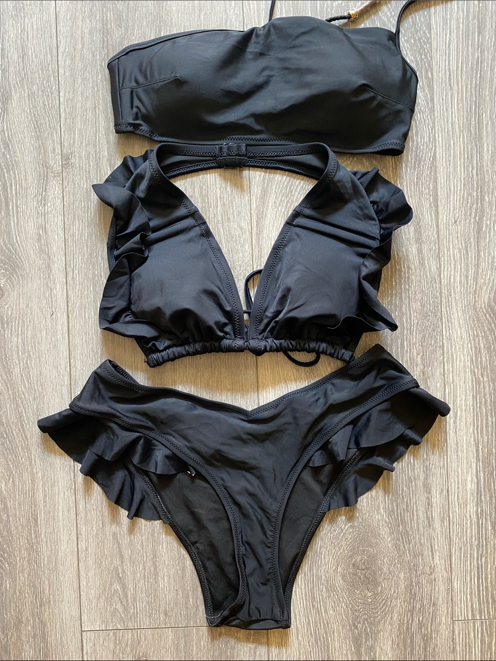 aerie Black Ruffle Bikini Set and one shoulder on bikini top size small